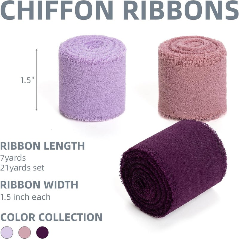 KEOSREE Purple Lavender Dusty Rose Handmade Chiffon Ribbon,1.5" x 21Yd Frayed Silk Ribbons for Wreaths Bridal Flower Bouquet Christmas Gift Wrapping Wedding Decor Invitations Decorations - Image 2